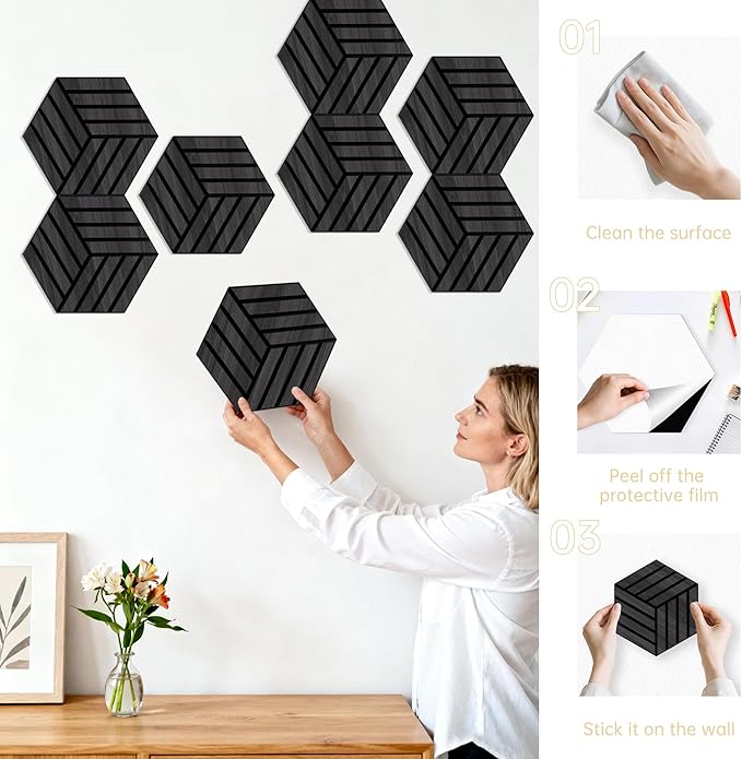 Mollywell Hexagon Acoustic Panels, Black Oak TH4, 14x12x0.4 Inch, 12 Pack |Wood Veneer|High Density Sound Proofing Wall Panels|Self Adhesive Sound Dampening Felt Wall Tiles|Home Theater|Gaming Room|