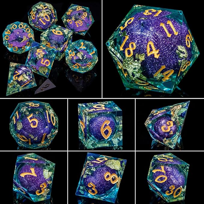 ARUOHHA Liquid Core DND Dice Set, 7pcs Resin Sharp Edged Dragons Dice RPG Role Playing Games, Purple Blue Polyhedral Dungeons D and D Dice with Gift Box D20 D12 D10 D8 D6 D4