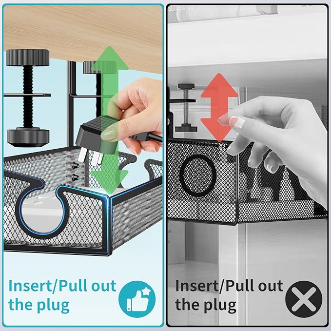 Under Desk Cable Management Tray Black, No Drill Desk Cable Wire Management Organizer with Clamp, PC Cord Organizer Accessories & Workspace for Office, Home