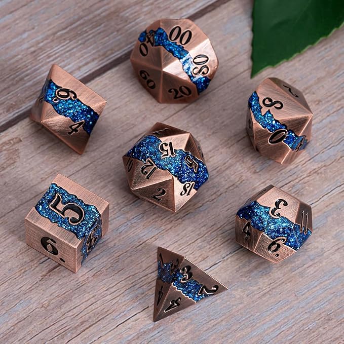 Metal DND Polyhedral Dice,Large Stripe Glitter Metallic Dice Set,Antique Silver Dice 7pcs Set for Role Playing Games(Antique Copper Blue)