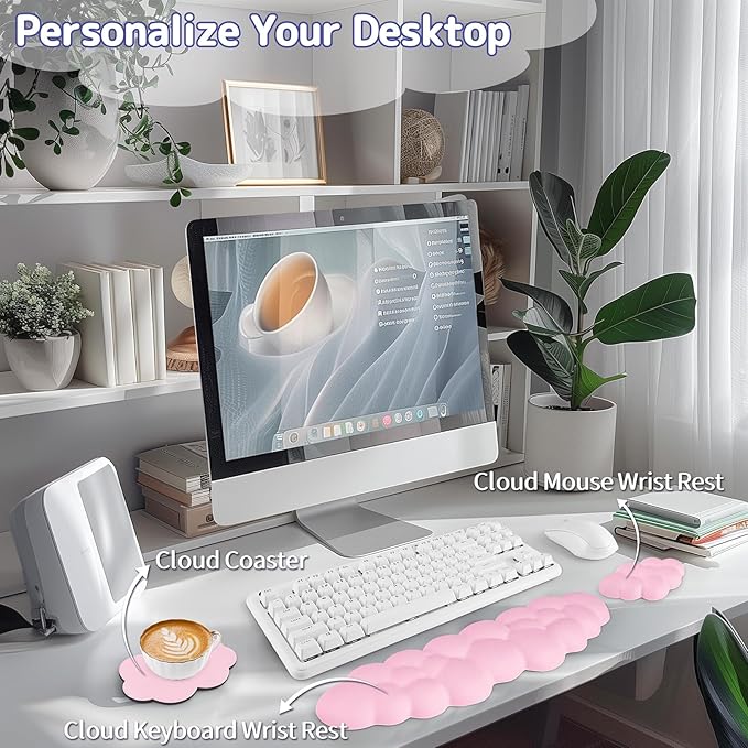Cloud Wrist Rest Keyboard, Cloud Keyboard Wrist Pad Set with PU Leather Memory Foam, Cute Arm Rest for Palm Support, PC/Gaming Desk Accessories/Office Setup/Computer Hand Cushion - Pink