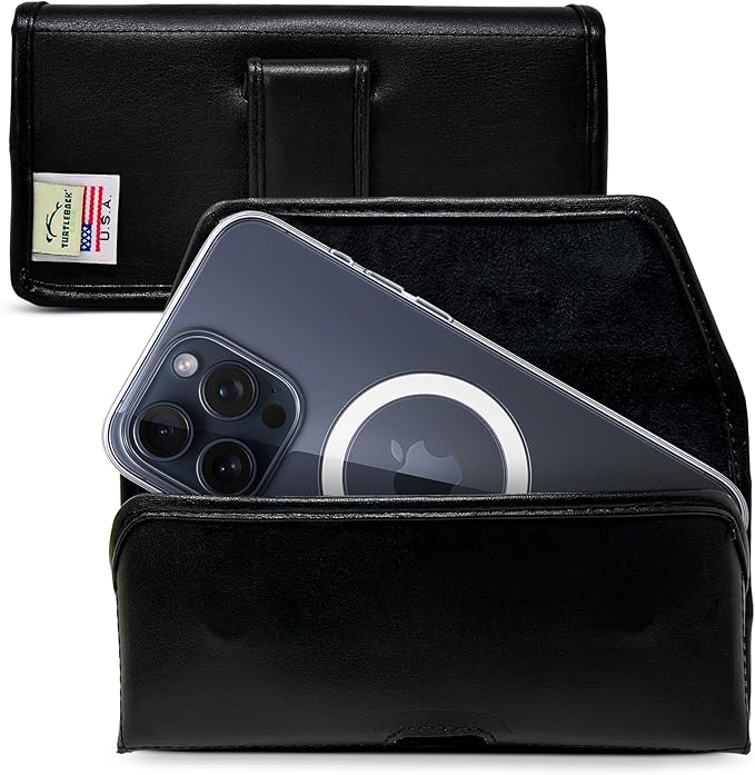 Turtleback Belt Holder for iPhone 16 Pro Max, 15 Pro Max, 14 Pro Max -Small- Fits w/Slim MagSafe Style Cases, Premium Black Leather Horiz. Belt Holster, Magnetic Closure, Leather Wrapped Clip