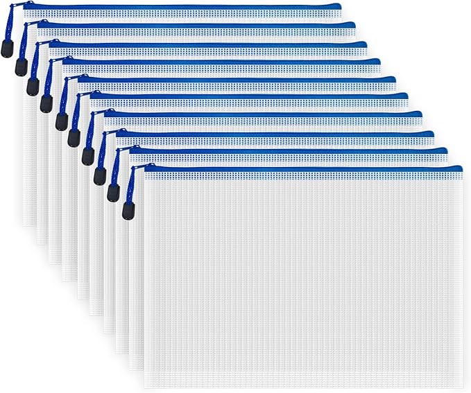 AUSTARK 10 Pcs Zipper File Bags, Waterproof Plastic Mesh Pouch for Office School, Board Game Storage Bags (A4 Size 13.4''x9.4'', White and Blue)