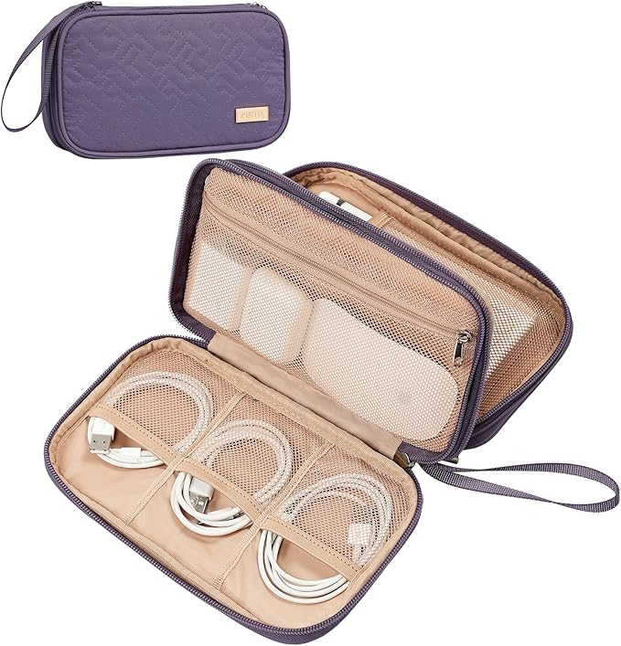 NISHEL Travel Cord Organizer Case, Double Layers Tech Electronic Bag, Essentials for Charger, Cable, Phone, Flash drive, Purple