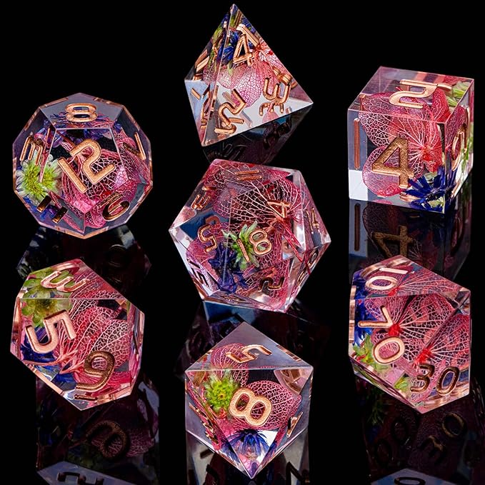 ARUOHHA DND Resin Dice Translucent Pink Leaf Sharp Edged Dragons Dice Set with Box, 7pcs Flower Inclusions Polyhedral Dungeons D and D Dice RPG Role Playing Game D20 D12 D10 D8 D6 D4