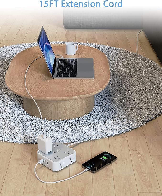 TESSAN Surge Protector Power Strip 15 Ft Cord, 8 Widely Spaced Outlets, 3 USB Charger(1 USB C Port), Ultra Thin Flat Plug Extension Cord 15 Feet, 900J Surge Protection for Home, Dorm Room Essentials