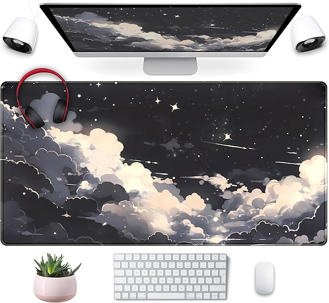 Black Anime Cloud Desk Mat XXL Large Gaming Mouse Pad Computer Laptop Mat, Extended Non-Slip Rubber Base Mousepad Keyboard and Mouse Mat, Night Sky Desk Pad with Stitched Edges, 31.5x15.75 in