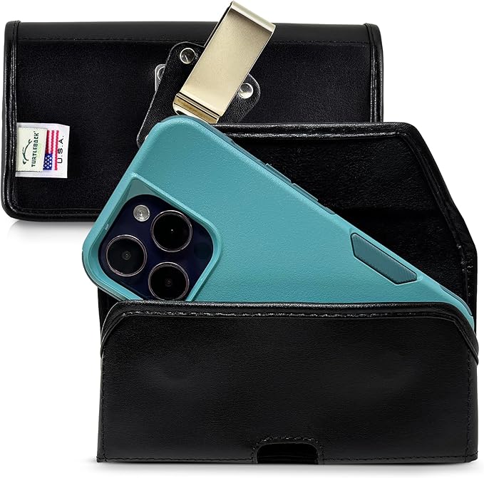 Turtleback Belt Clip for iPhone 16 Pro, 16e, 15 pro 14 Pro 13 Pro -Medium- Fits w/Shockproof Commuter Style Cases, Premium Black Leather, Horizontal Belt Holder, Magnetic Closure HD Rotating Clip