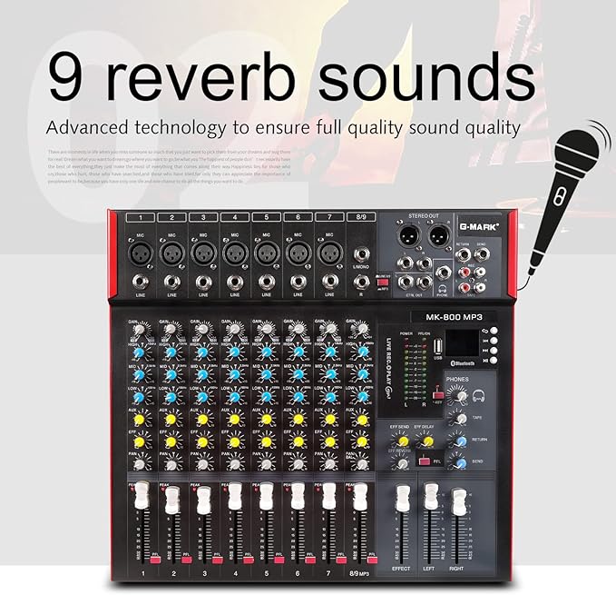 G-MARK MK800MP3 Professional Audio Mixer Sound Board 8 Channels Mixing Console with MP3 Player +48V Phantom Power Digital USB Bluetooth Reverb DJ Mixer Audio for PC Karaoke Stage Studio Recording