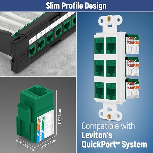 Everest 90° Angled RJ45 Cat6 Keystone Jacks 10-Pack in Green - Slim Profile Female RJ45 Connectors - Cat 6 Keystone Jack - Compatible with 90° Angled Speed Termination Tool - easyJACK (B094WB91H3)