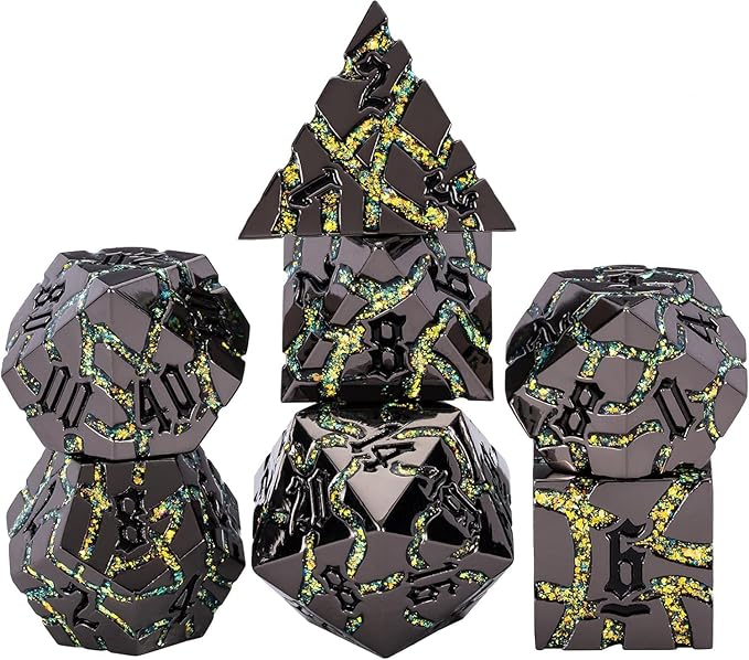 7PCS DND Dice Set,Metalli Crack Stripe Dice Set with Gift BOC,Dungeons and Dragons Polyhedral Metal Dice for RPG Board Games (Black Nickel Yellow)