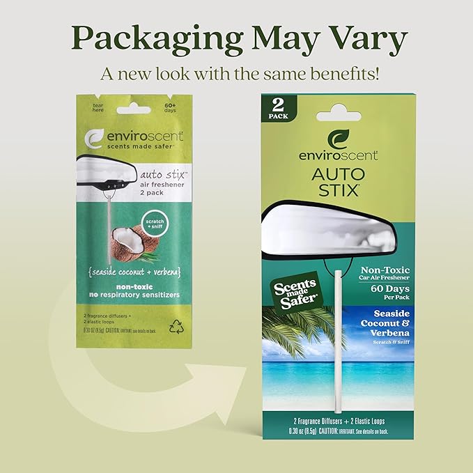 Enviroscent Non-Toxic Car Air Freshener (Seaside Coconut & Verbena) Natural Car Air Freshener | Essential Oil Diffuser | Car Scent Lasting Over 180 Days | 3 Packs of 2 Hanging Auto Stix