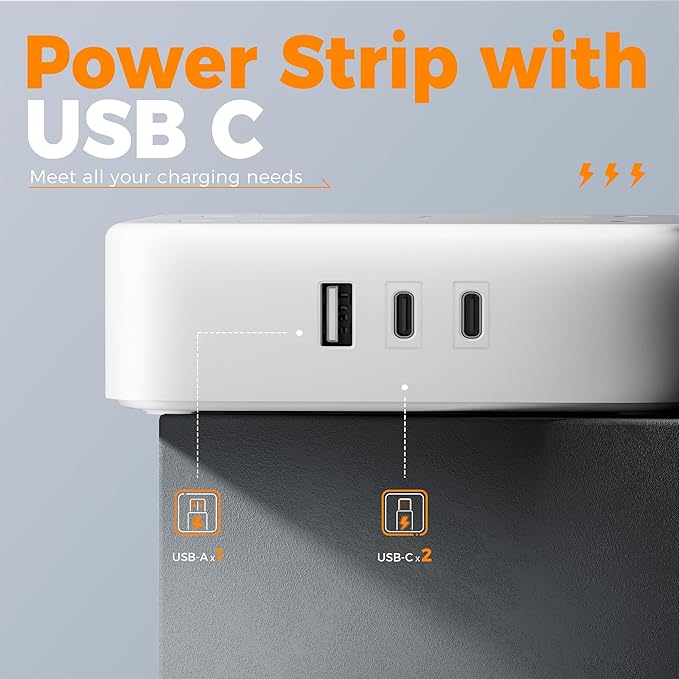 Surge Protector Power Strip, TESSAN Flat Plug Extension Cord with Multiple Outlets, 8 AC Outlets, 3 USB Ports(2 USB C), 5 Ft, 900 Joules Protection, 3-Sided Charging Station for Home Office Dorm Room
