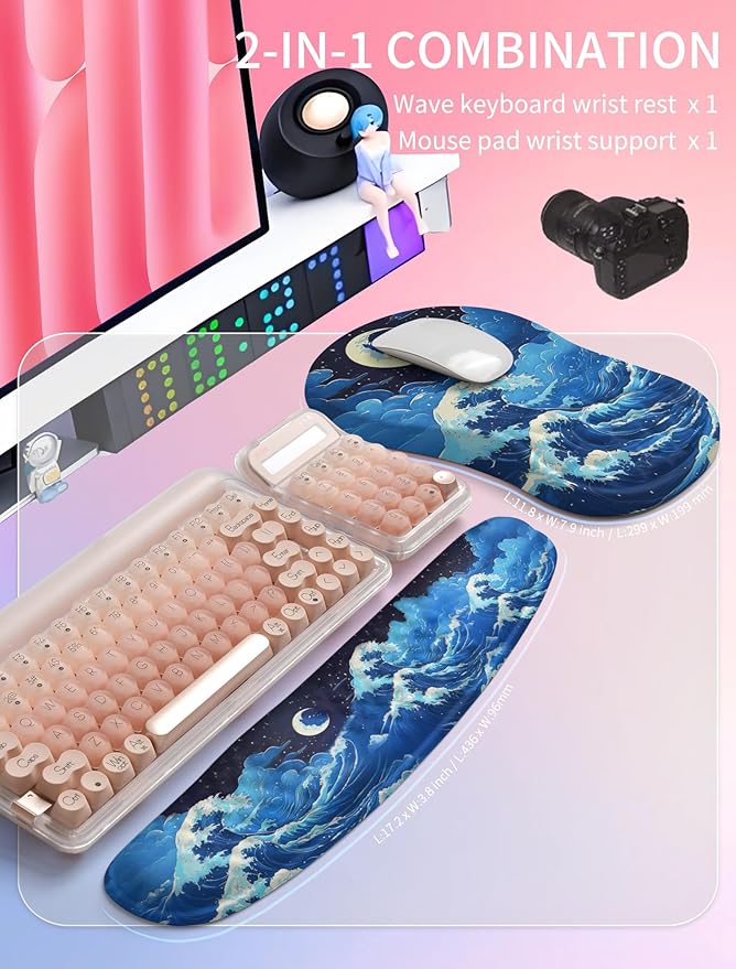 Hokafenle 2in1 Combination, Wave Keyboard Wrist Rest and Ergonomic Curvature Mouse Pad Wrist Support for Relieve Wrist Pain, Filled with Soft Cushion Memory Foam, Crescent Waves