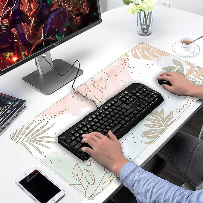 Keyboard mat Boho Pastel Painting Mousepad Matcha Green Plant Abstract Accessories Desk pad Mouse mat Desk mat for Desktop Gamer Girl Office Accessories for Women Large Desk mats, 31.5 x 15.75 in