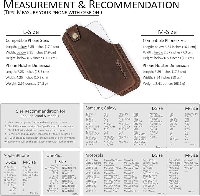 TobbinGear Left-Handed Leather Cell Phone Holster with Belt Clip, Universal Phone Holster for Men Belt Holder, Leather Case for iPhone, Samsung Galaxy Phones, Dark Brown, Medium