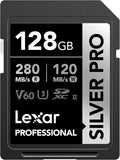 Lexar 128GB Professional SILVER PRO SD Card, UHS-II, C10, U3, V60, Full HD, 4K, Up To 280MB/s Read SDXC Memory Card, for Professional Photographer, Videographer, Enthusiast (LSDSIPR128G-BNNNU)