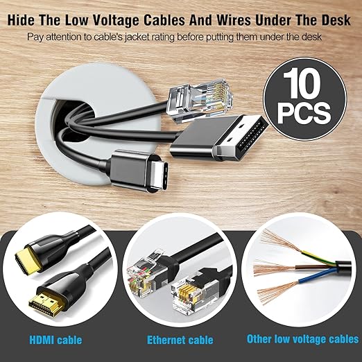2" White Desk Grommet, JTemgle Plastic Cable Hole Cover Computer Table Cord Wire Organizer Caps Desktop Cord Management for Home Office TV Stands Tabletops, 10 Pieces