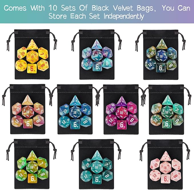 DND Dice Set, Surhugvy 10 X 7 (70 Pieces) Polyhedral Dice Set for Dungeons and Dragons DND RPG MTG Table Games with 10 Pack Black Bags