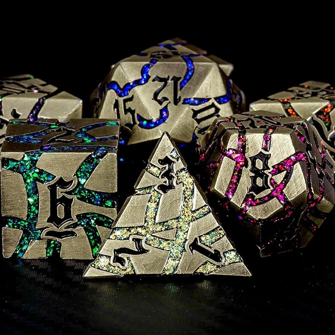Metal DND Dice Set, 7PCS Polyhedral D&D Dice Set,Glitter Crack Dice Set for Dungeons and Dragons Role Playing Game(Antique Blue 7 Colors)