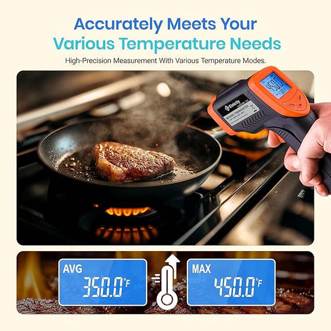 Etekcity Infrared Temperature Thermometer Gun, Laser Food Temp Gun for Pizza Oven, Griddle, Grill, Meat, Candy, Vehicle's Engine, Surface Temp Reader -58°F to 842°F, Orange