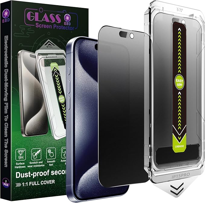(2-Pack Matte Privacy Anti-Spy Screen Protector for iPhone 15 Pro (6.1-Inch),9H Tempered Glass,Anti-Glare,Full Coverage,Anti-Fingerprint,Auto Dust Removal,Bubble-Free