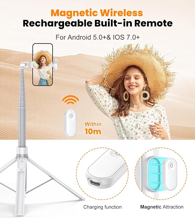TONEOF 66" Automatic Phone Tripod with Magnetic Rechargable Remote,Selfie Stick 360° Vertical & Horizontal Rotatable,Stable for iPhone/Android((White)