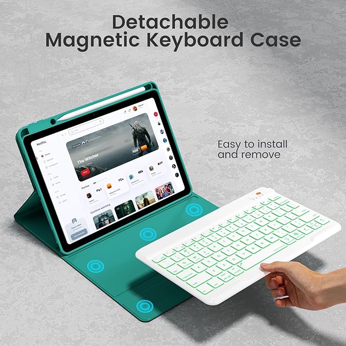 Keyboard Case for iPad Air 5th/4th Pro 11 inch, 7-Color Backlit Detachable Wireless Keyboard Case with Pencil Holder, Stand Folio Cover for Gen 2020/2022, Pro 4th/3rd/2nd/1st Gen, Teal