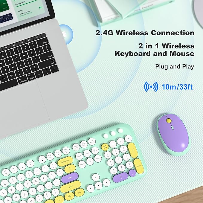 KNOWSQT Wireless Keyboard and Mouse Combo - Lovely Tiffany Blue Rainbow Full-Sized Typewriter Colorful Keyboards, Round Keycap Plug Play Retro Cute Keyboards for Windows, Laptop, PC, Desktop, Computer