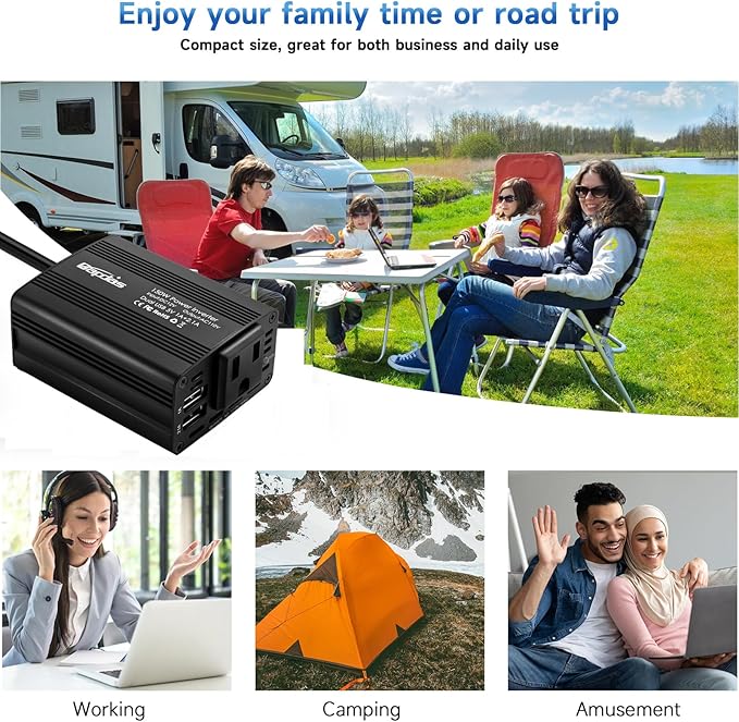 150W Car Power Inverter DC 12V to 110V AC Car Adapter for Plug Outlet with 3.1A Dual USB Car Charger for Laptop Computer-Black