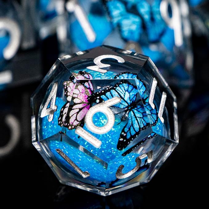 Butterfly DND Dice Blue-Black Liquid Core Dice Set with Metal Box, Handmade Sharp Edge D and D Polyhedral Dice for use with D&D Role Playing Game, D20 D12 D10 D8 D6