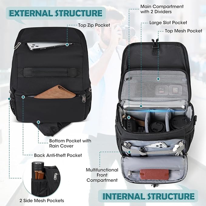 RAINSMORE Camera Bag, DSLR/SLR/Mirrorless Camera Case with Tripod Holder Waterproof Camera Sling Bag Crossbody Camera Bags for Photographers with Rain Cover for Canon/Nikon/Sony/Fuji, Black