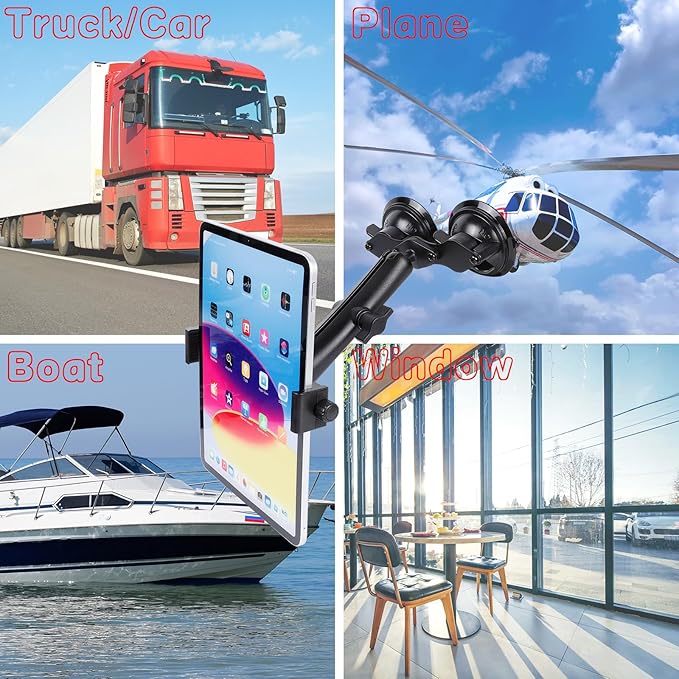 iPad Pro 12.9 Inch Tablet Mount with Dual Suction Cup Base for Truck Car Windshield, Aluminum Arm Heavy Duty Tablet Suction Holder for Window, Compatible with 6.5-12.9" Tablets