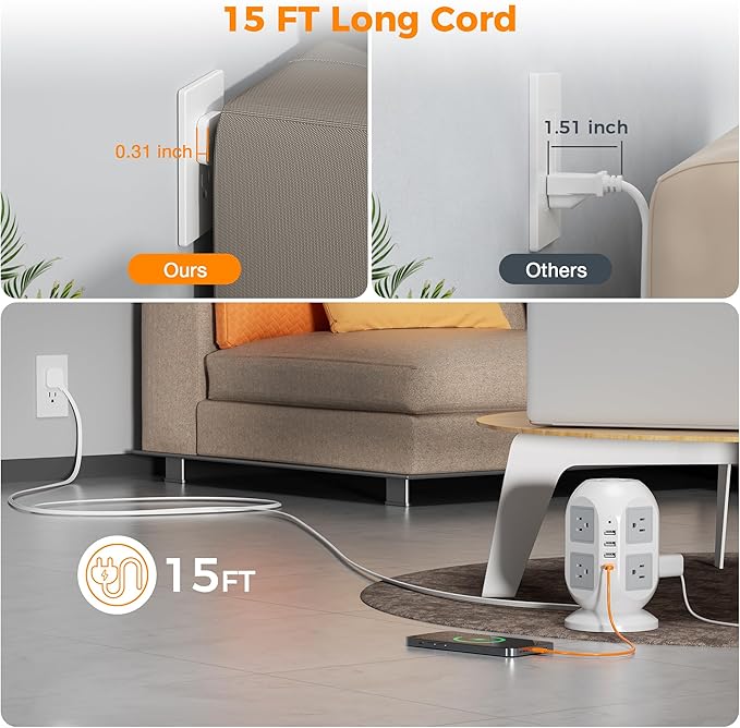 Tower Surge Protector Power Strip 15 ft, TESSAN Long Flat Extension Cord with Multiple Outlets, 8 AC Outlets with 4 USB Ports (1 USB C), Charging Station with Surge Protection, for Home Office Dorm