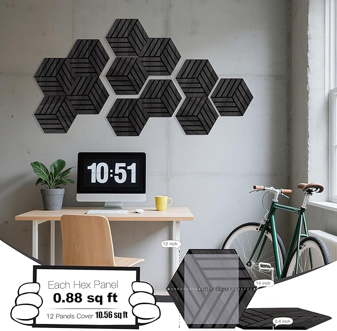 Mollywell Hexagon Acoustic Panels, Black Oak TH4, 14x12x0.4 Inch, 12 Pack |Wood Veneer|High Density Sound Proofing Wall Panels|Self Adhesive Sound Dampening Felt Wall Tiles|Home Theater|Gaming Room|