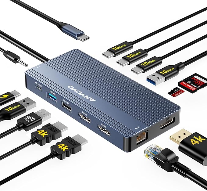 USB C Hub USB C Docking Station Dual Monitor14-IN-1 Triple Display Multiport Adapter with 2*HDMI +DP + 5*USB-A/C 10Gbps Ports+Ethernet +SD/TF Laptop Docking Station for HP/Dell/Lenovo/Thinkpad (Gray)
