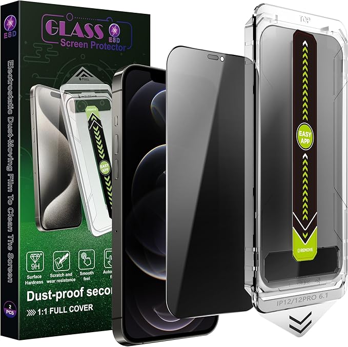 (2-Pack Anti-Spy Privacy Screen Protector for iPhone 12/12 Pro(6.1-Inch),9H Tempered Glass,Full Coverage,Anti-Fingerprint,Auto Dust Removal,Bubble-Free,Easy Installation