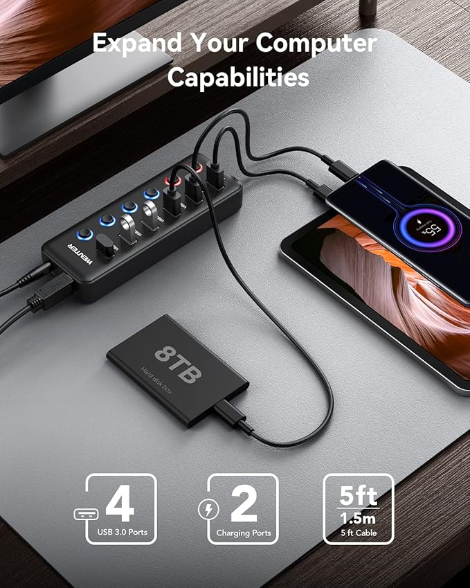 Powered USB Hub, Wenter 6-Port USB 3.0 Hub Splitter (4 USB 3.0 Data Ports + 2 QC 3.0 Fast Charging Ports) with Individual LED On/Off Switches, USB Hub 3.0 Powered with 36W AC Adapter for Mac, PC