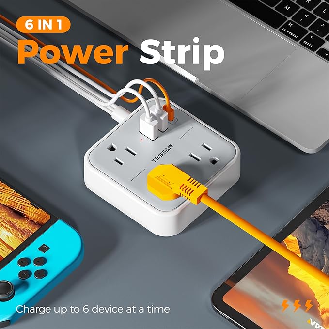 TESSAN Ultra Thin Flat Extension Cord 5 FT, Slim Power Strip with USB Ports (1 USB C), Surge Protector Flat Plug Wall Charger with 3 Outlets for Office, School, Dorm Room Essentials