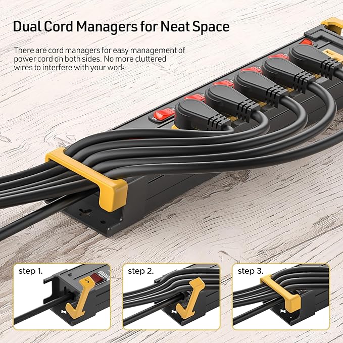 CRST 6 Outlets Wide Spaced Power Strip, Metal Wall Mount Surge Protector Power Strip with Individual Switches and Cord Manager for Garage, Shop, Office, Home. 1020Joules, 15Amp/1875W, 6 FT Cord