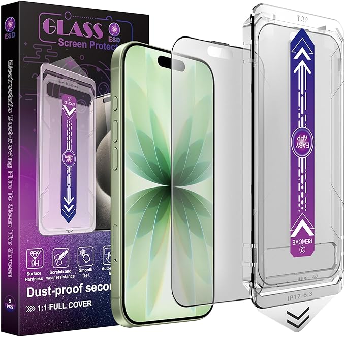 Matte Screen Protector for iPhone 17, iPhone 16 Pro 6.3-Inch, Auto Dust Removal, 9H Tempered Glass, Full Cover, Anti-Fingerprint, Easy Installation, 2 Pack