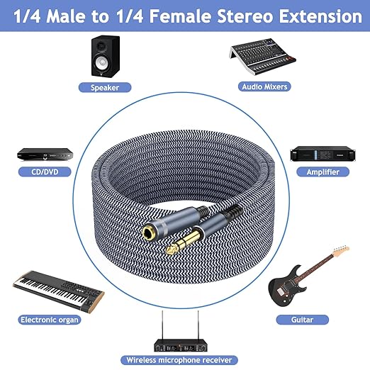 1/4" Male to Female Stereo Headphone Extension Cable - 30ft Quarter Inch Guitar Cable