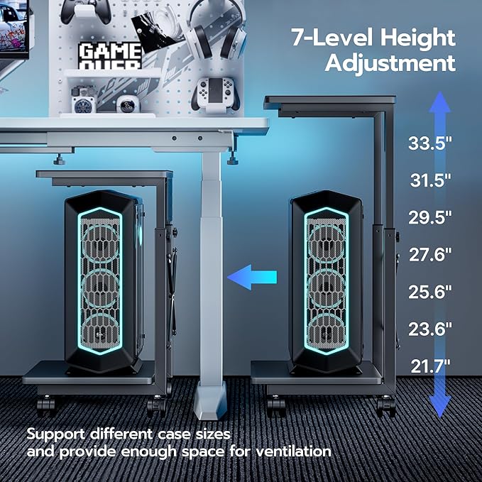 ARES WING Height Adjustable Computer Tower Stand, 2-Tier PC Tower Stand for Most PC, CPU Holder Cart with Locking Wheels for Gaming Home Office, 21.7"-33.5" Height