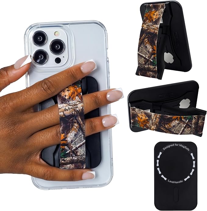 LoveHandle PRO MagSafe Compatible Magnetic Phone Grip w/Kickstand - Mount, Strap and Stand for Smartphone and Tablet - MagSafe Ring Included - Fits All Devices - Realtree Edge Camo