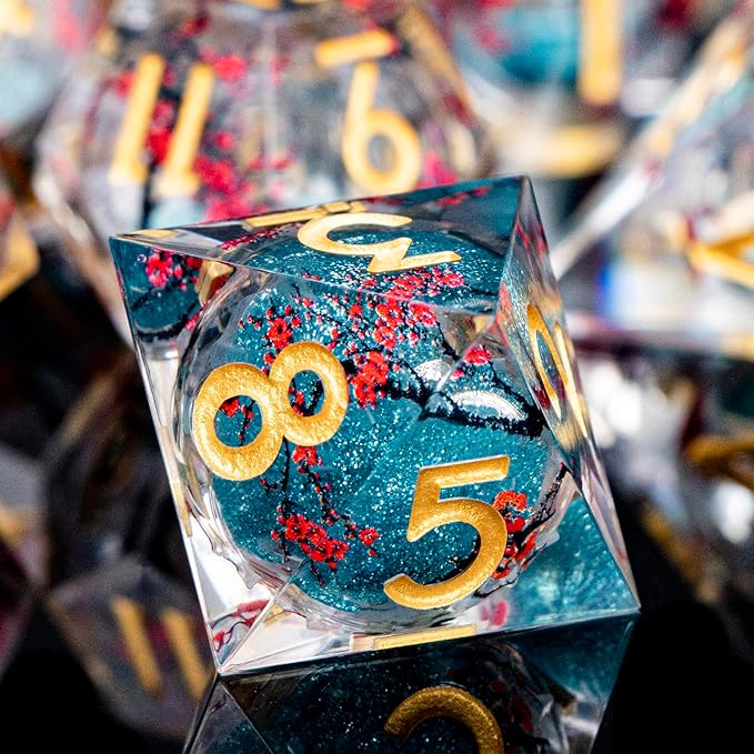 Plum Blossom DND Dice Blue Liquid Core Dice Set with Metal Box, Handmade Sharp Edge Dice D and D Polyhedral Dice for use with D&D RPG Role Playing Game ﻿