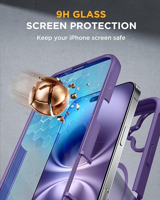 Miracase for iPhone 16 Case 6.1'', [Bubble Free] Full-Body Bumper Phone case with Built-in Full Glass Screen &Lens Protector,No Gap,Compatible with MagSafe,Drop Proof 16 Cover,Purple