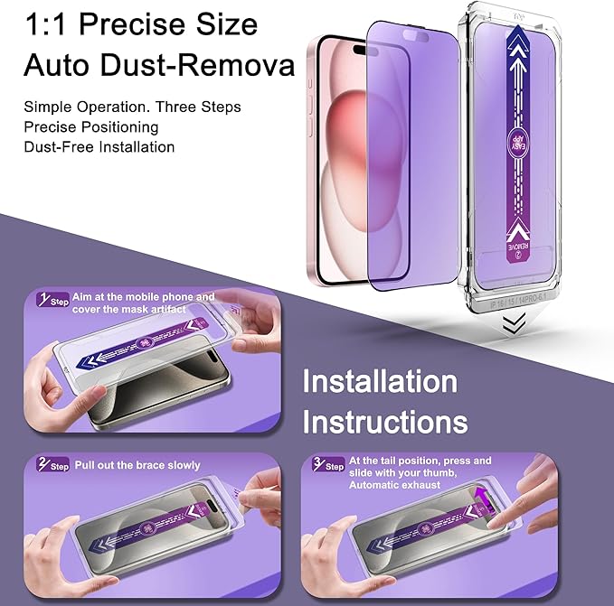 2 Pack Anti Blue Light Matte Screen Protector for iPhone 14 Pro/iPhone 15 / iPhone 16, 9H Tempered Glass, Full Coverage, Anti-Fingerprint, Auto Dust-Elimination, No Bubble, Easy Installation