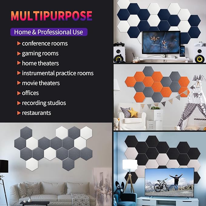 Mollywell Hexagon Acoustic Panels, High Density, Soundproofing, Decorative Noise Reduction Felt Wall Tiles for Ceilings, Home Office & Gaming Room (Moon Gray), 14x12x0.4 Inch
