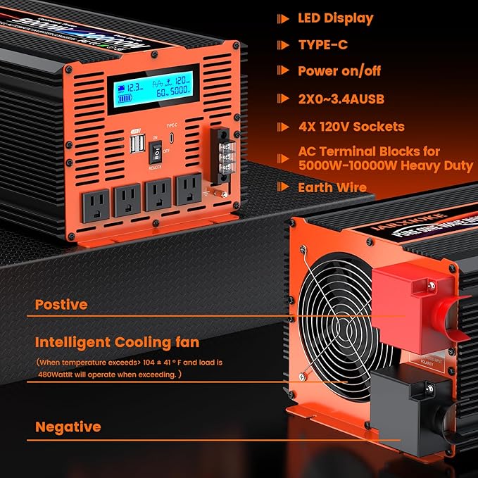 5000 Watt Pure Sine Wave Power Inverter 12V DC to 110V 120V Converter for Family RV Off Grid Solar System Car with Type-C Ports 4 AC Power Outlets Dual USB Ports LCD Display and Remote Control