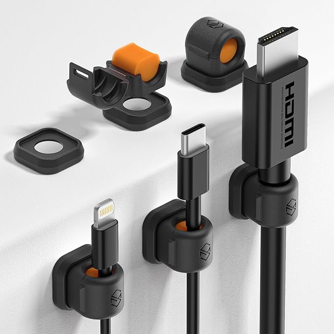 6 Pack Sinjimoru Magnetic Cable Clips, Compact Size Cord Organizer & Cable Management for Desk, Nightstand & Car, Fits up to 7.5mm Cables, Black